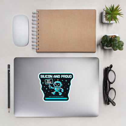 Silicon and Proud sticker on a laptop, desk flat lay